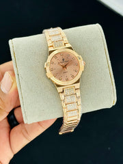 Audemars Piguet inspired pink quartz watch with crystal style hour markers