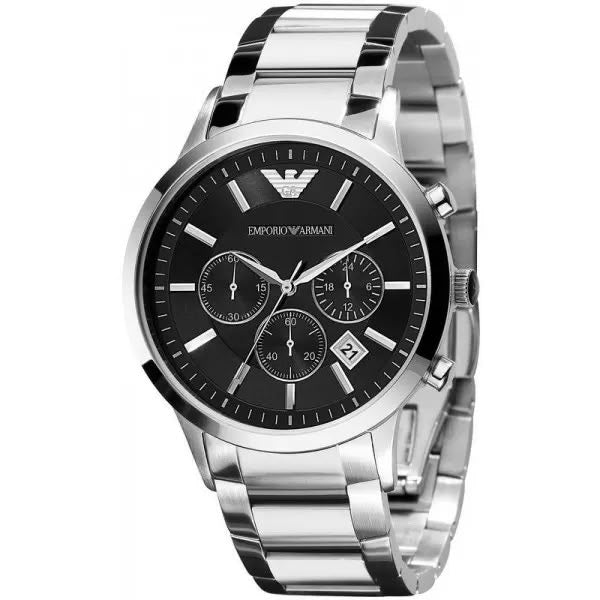 Emporio Armani style chronograph watch for men with black dial and steel bracelet