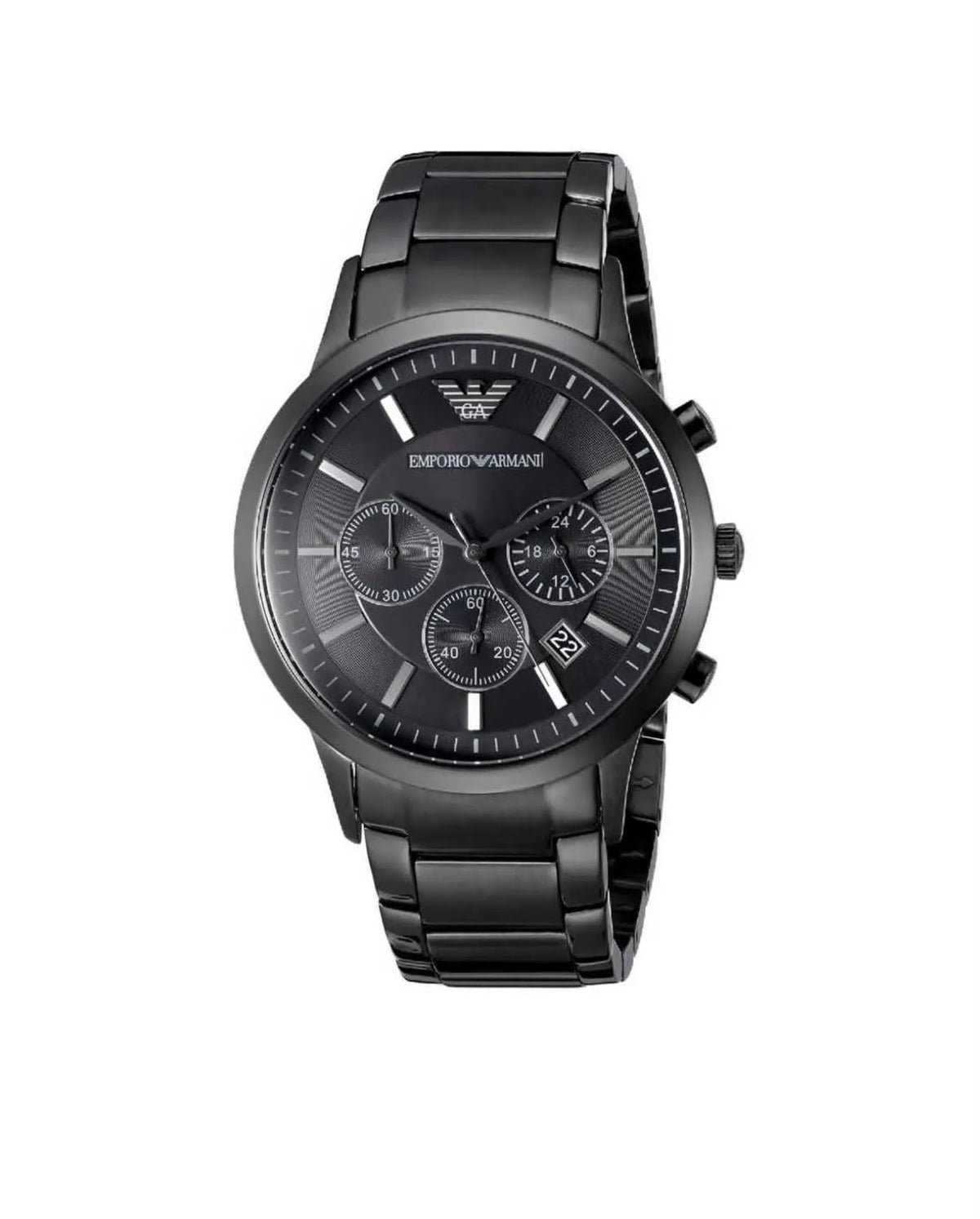 Emporio Armani style black chronograph watch for men front view