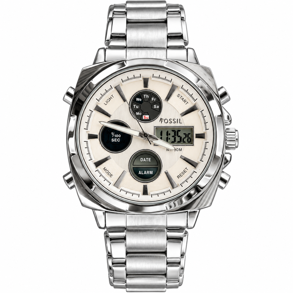 Fossil-style first-copy analog digital watch with beige dial and silver bracelet