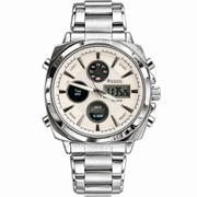 Fossil-style first-copy analog digital watch with beige dial and silver bracelet