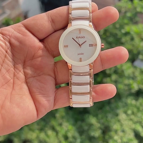 Rado Centrix style watch with diamond-style hour markers and date display