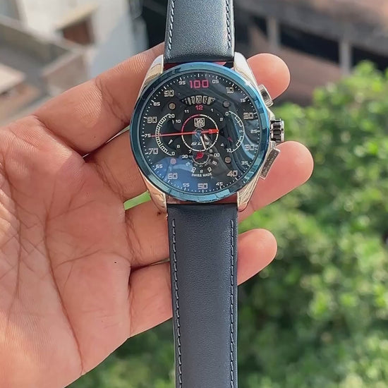 TAG Heuer style men's chronograph watch with black leather strap