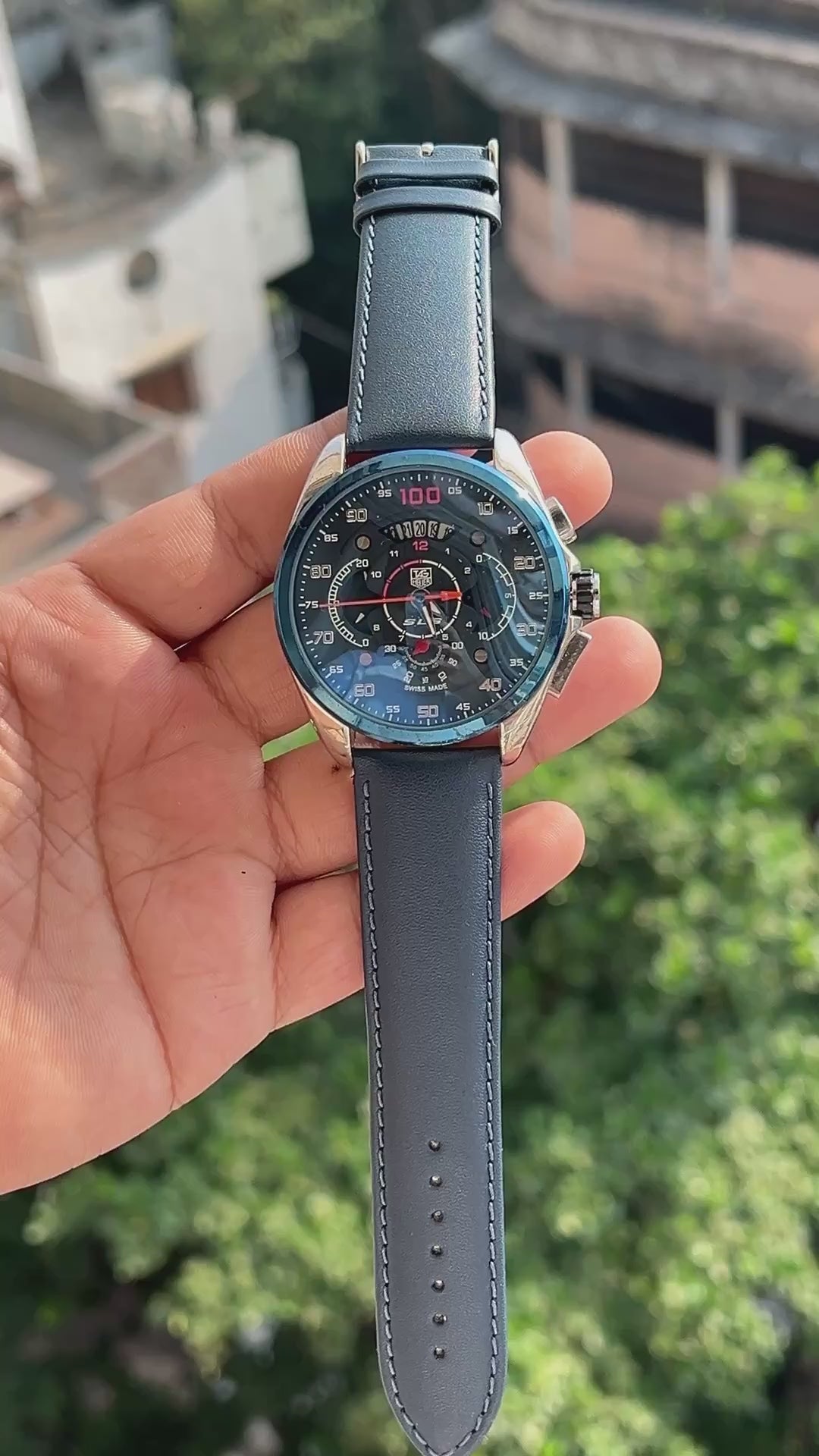 TAG Heuer style men's chronograph watch with black leather strap