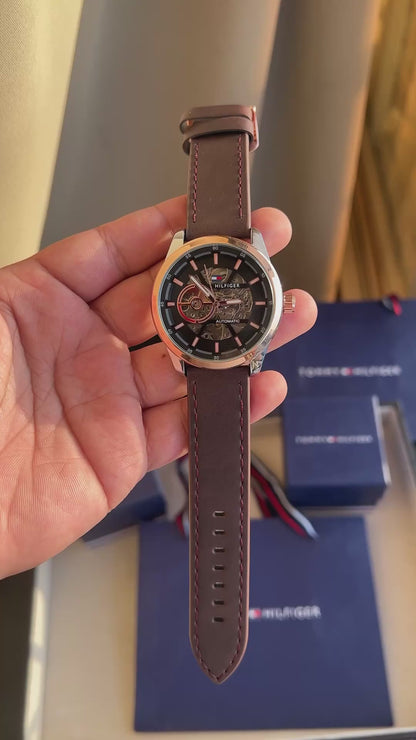 Tommy Hilfiger Automatic Skeleton Watch – First Copy | Master Copy Quality | Gold-Tone Case, Brown Leather Strap