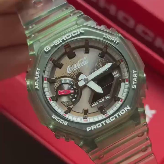 Green analog digital sports watch worn on wrist – first copy style