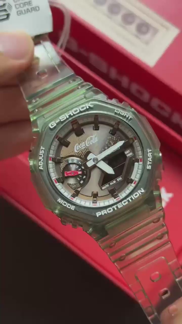 Green analog digital sports watch worn on wrist – first copy style