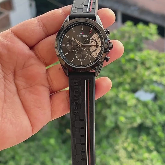 Tommy Hilfiger inspired black chronograph watch front view