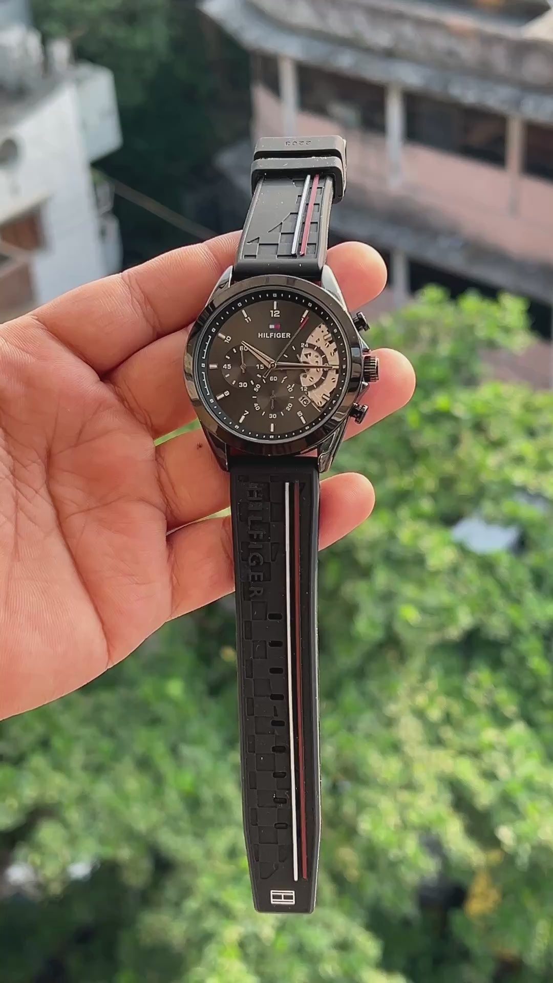 Tommy Hilfiger inspired black chronograph watch front view