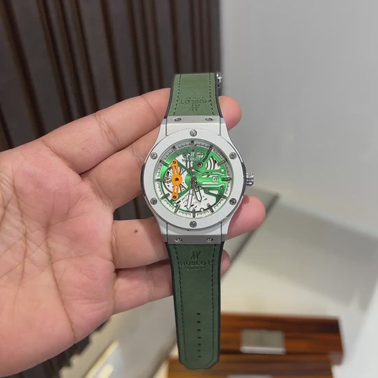 Hublot style luxury green watch with leather-style strap
