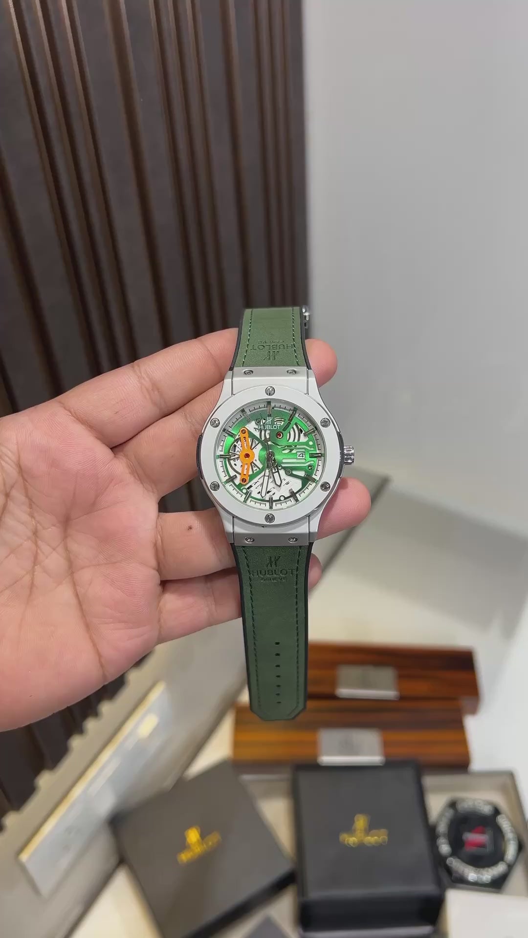 Hublot style luxury green watch with leather-style strap