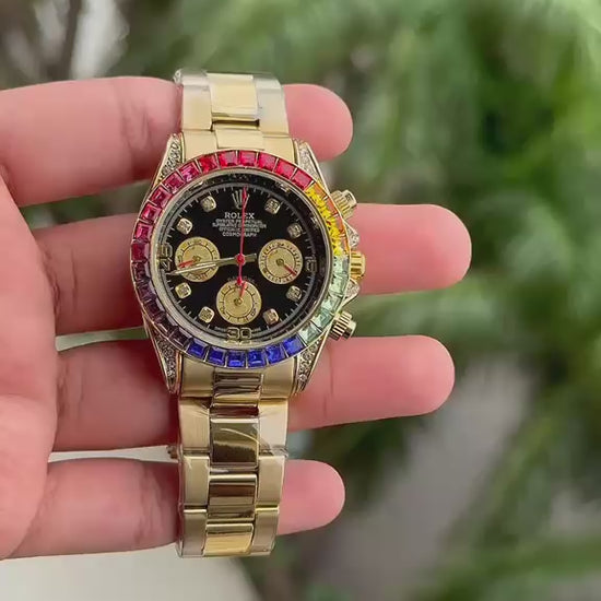 Rainbow bezel black dial chronograph style first copy watch for men
