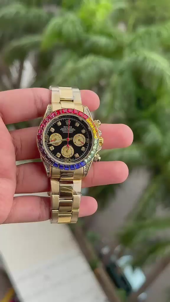 Rainbow bezel black dial chronograph style first copy watch for men