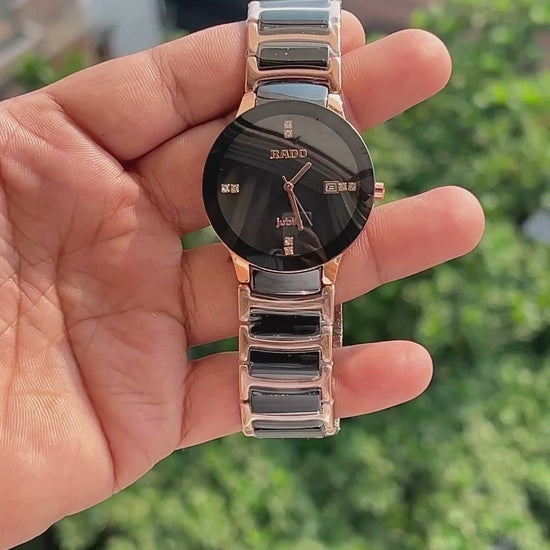 Rado Centrix style black watch with Jubilé-style crystal markers
