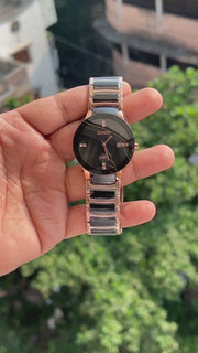 Rado Centrix style black watch with Jubilé-style crystal markers