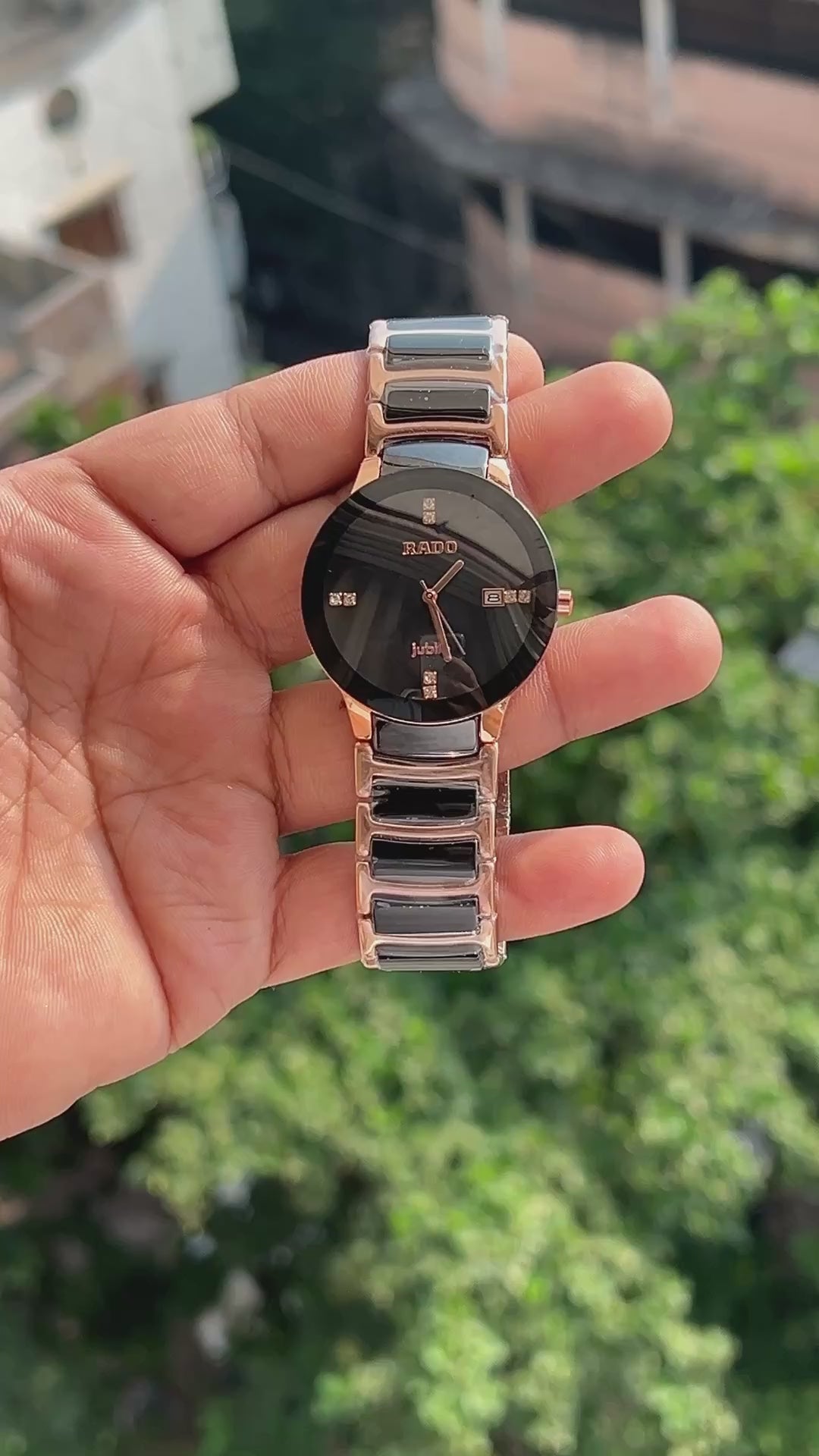 Rado Centrix style black watch with Jubilé-style crystal markers