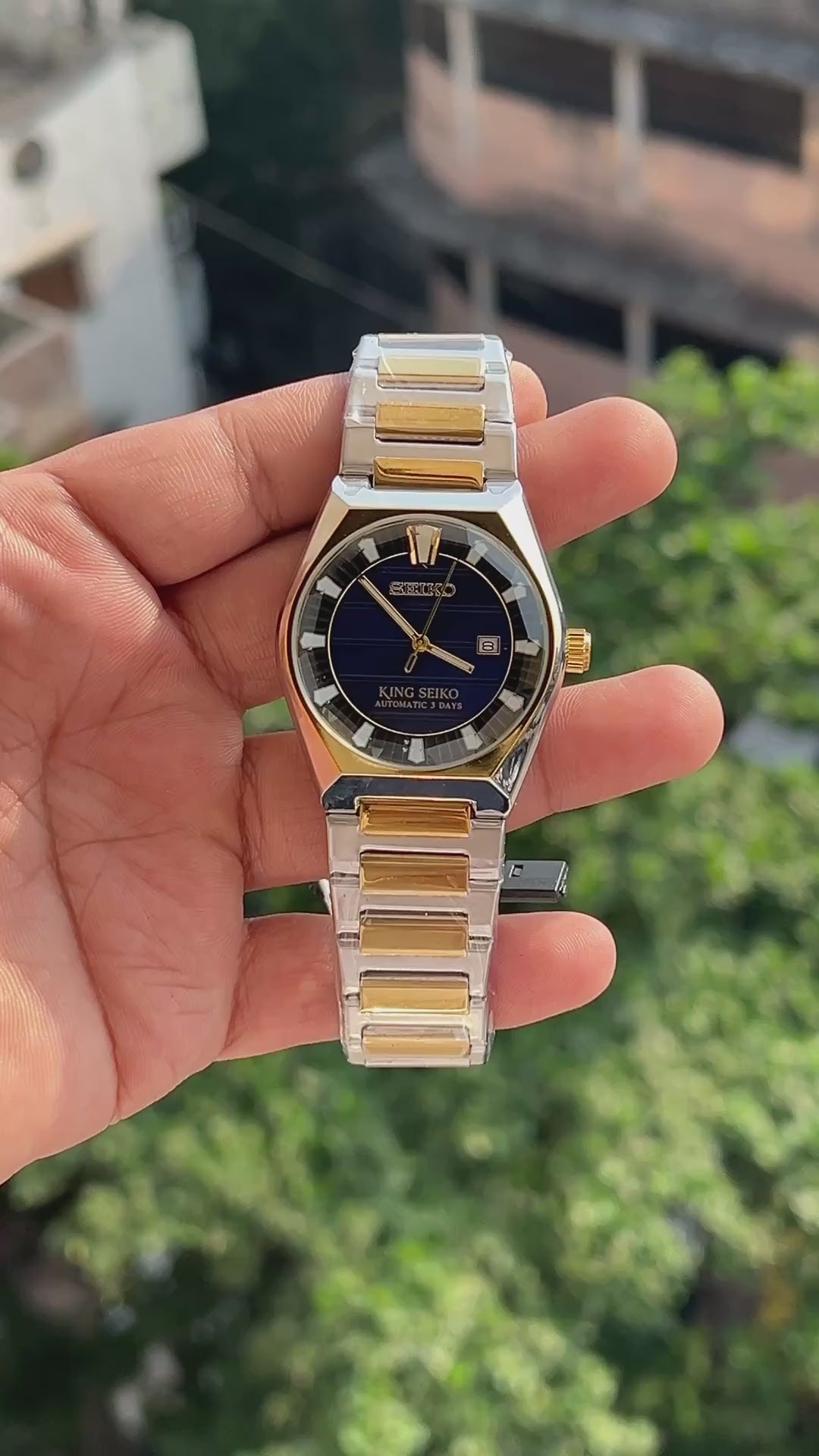 King Seiko style swift movement watch with date display and two tone bracelet