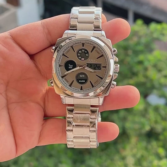 Close-up of beige dial with analog hands and digital display
