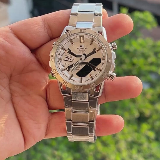 Casio-Edifice-Beige-Dial-Digital-LCD-Subdial-Silver-Engraved-Bezel-First-Copy