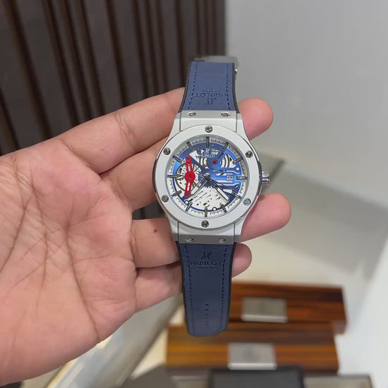 Hublot inspired blue skeleton watch front view