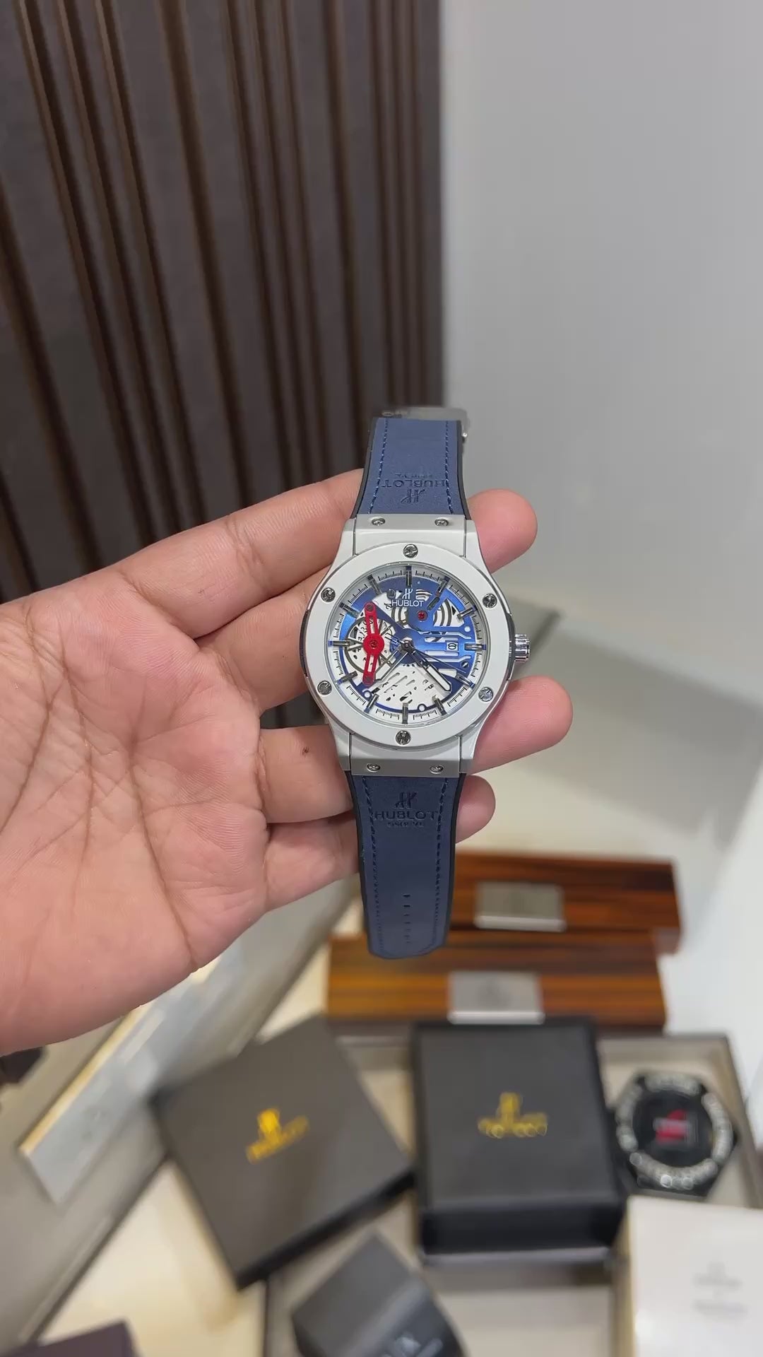 Hublot inspired blue skeleton watch front view