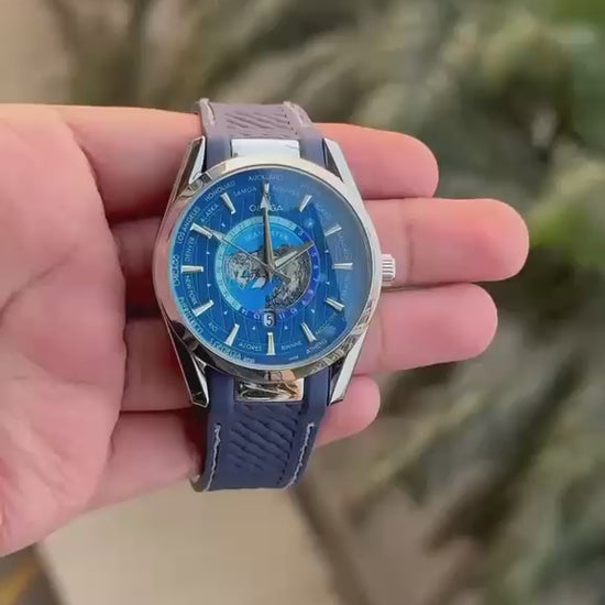 OMEGA Worldtimer inspired watch with blue world map dial