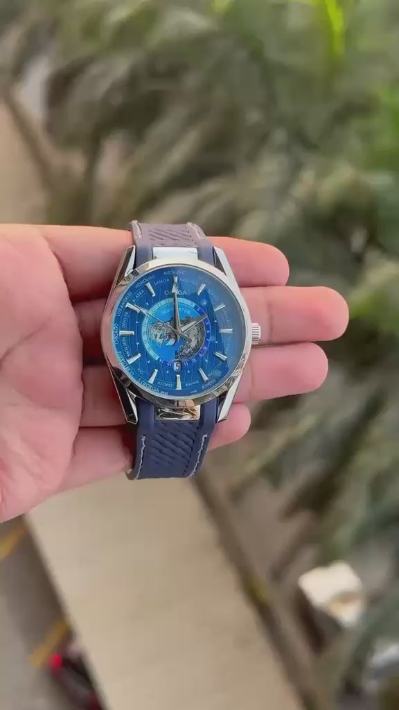 OMEGA Worldtimer inspired watch with blue world map dial