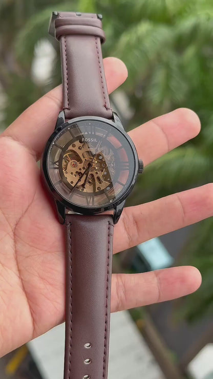 Fossil Townsman Automatic Watch – First Copy | Master Copy Quality | Skeleton Dial, Brown Leather Strap