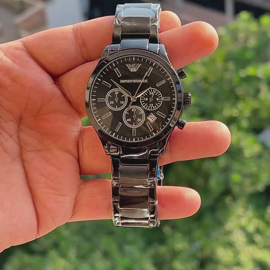 Black Emporio Armani style watch with three working chronograph sub-dials