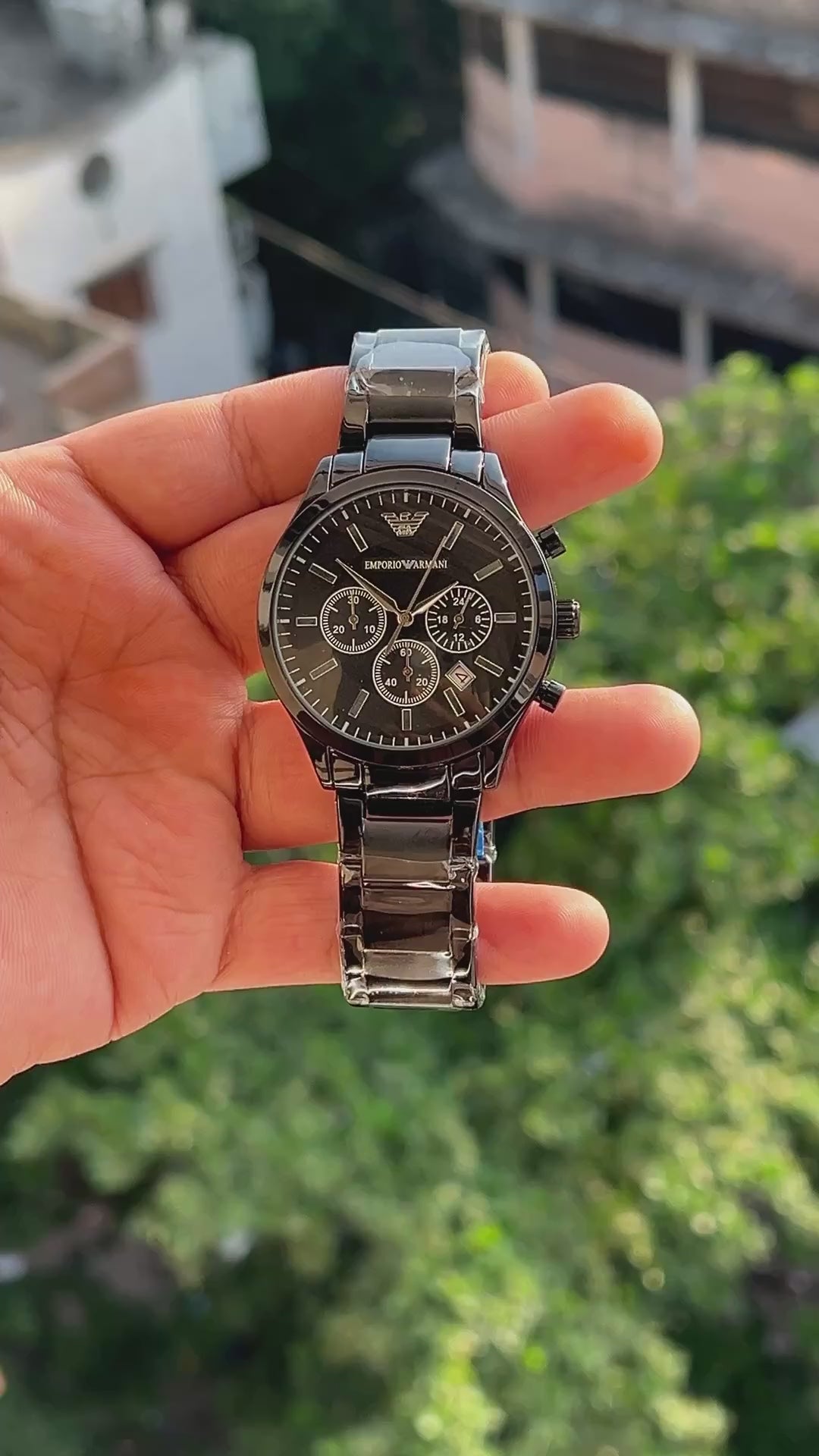 Black Emporio Armani style watch with three working chronograph sub-dials